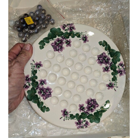 Vintage Ceramic Marble Solitaire Game Purple Flowers 8.25”Diameter- Estate Find - Picture 2 of 6